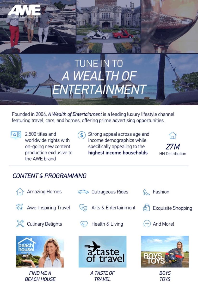 A Wealth of Entertainment (AWE) television network featuring luxury lifestyle programming including travel, homes, automobiles, fashion, and culinary entertainment.