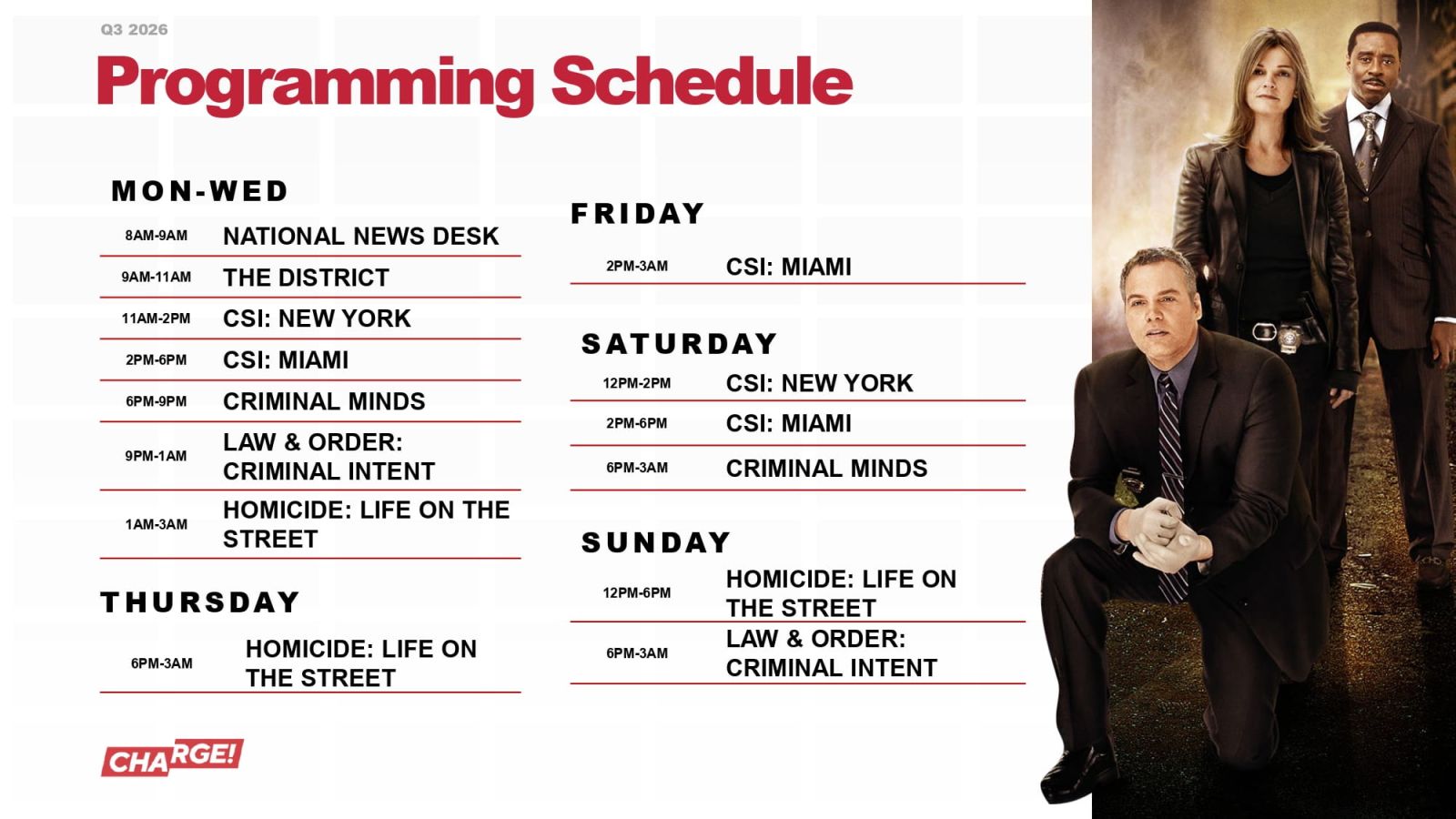 CHARGE! Network Q3 2026 Programming - 2 CHARGE! television network featuring Criminal Minds, CSI: Miami, CSI: New York, Law & Order: Criminal Intent, and Homicide: Life on the Street.