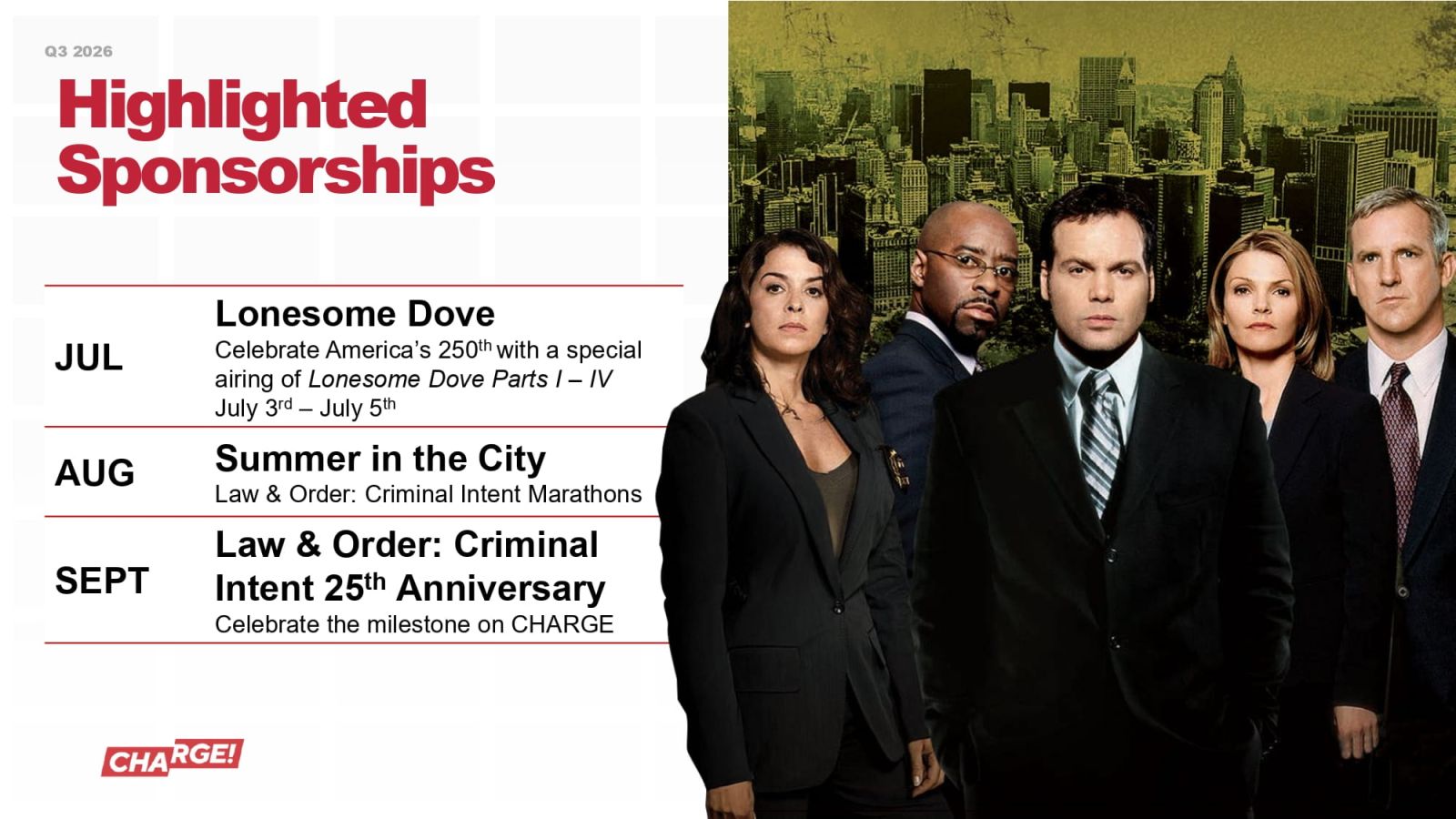 CHARGE! Network Q3 2026 Programming - 3 CHARGE! television network featuring Criminal Minds, CSI: Miami, CSI: New York, Law & Order: Criminal Intent, and Homicide: Life on the Street.