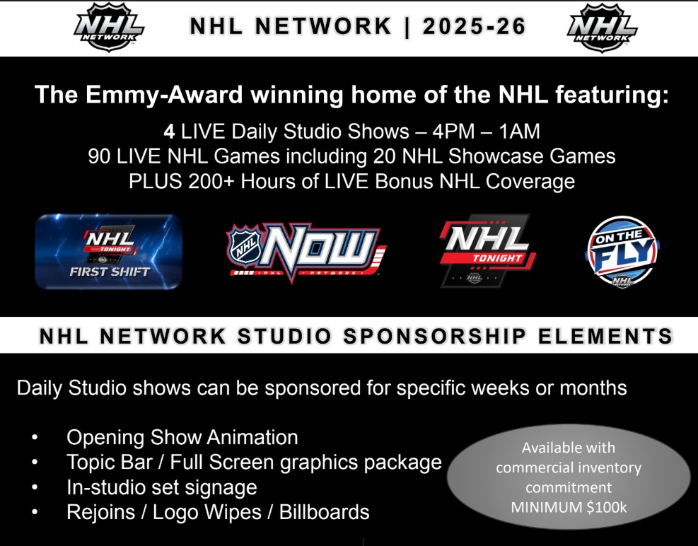 NHL Network advertising overview highlighting live NHL games, daily studio shows, commercial inventory, and integrated television sponsorship opportunities.