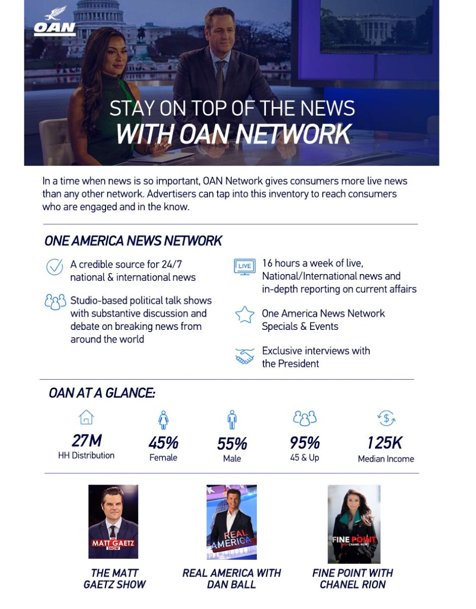 One America News Network audience profile highlighting 24/7 news programming, viewer demographics, broadcast distribution, and television advertising opportunities.