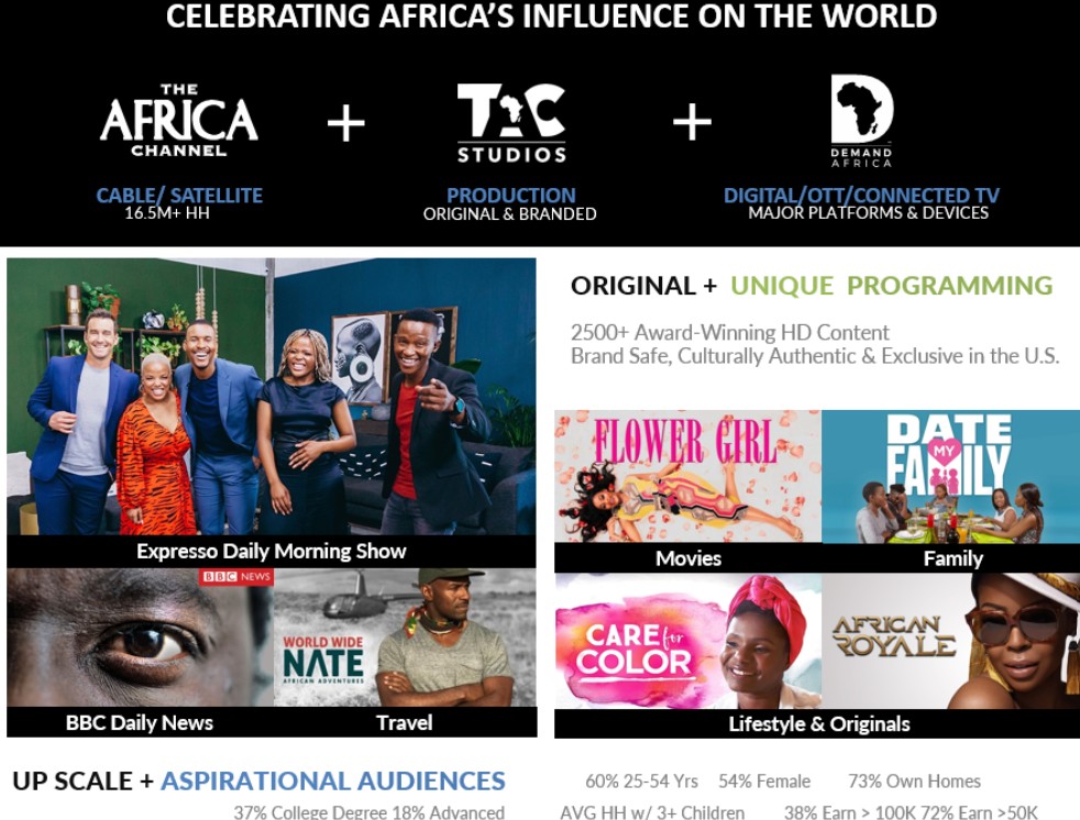 The Africa Channel audience profile highlighting original programming, upscale audience demographics, television distribution, and advertising opportunities.
